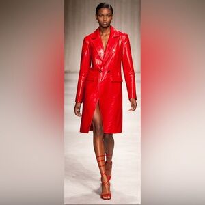 NWT MCM Red Patent Double-Breasted Leather Coat
